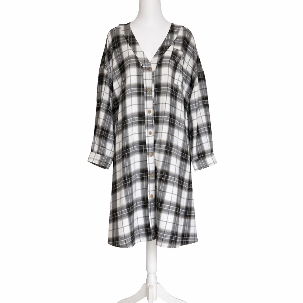 POL‎ Plaid Shirt Dress M Black White Gingham Button Up Oversized Shift Boho Chic